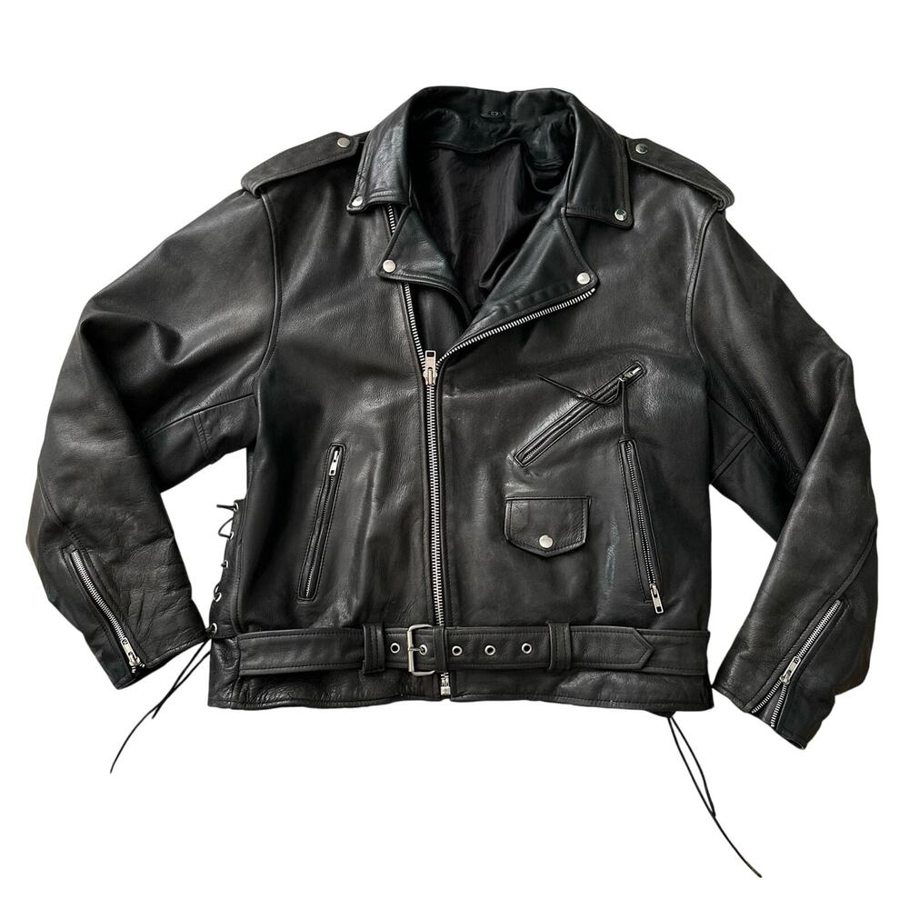Echtes Leder VTG Biker‎ Moto Belted Lined Distressed Black Leather Jacket 52 XL